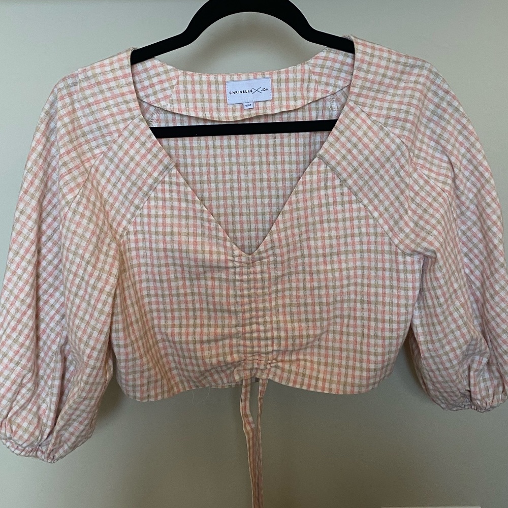 Cropped Pink Gingham Blouse with Puffy Sleeves
